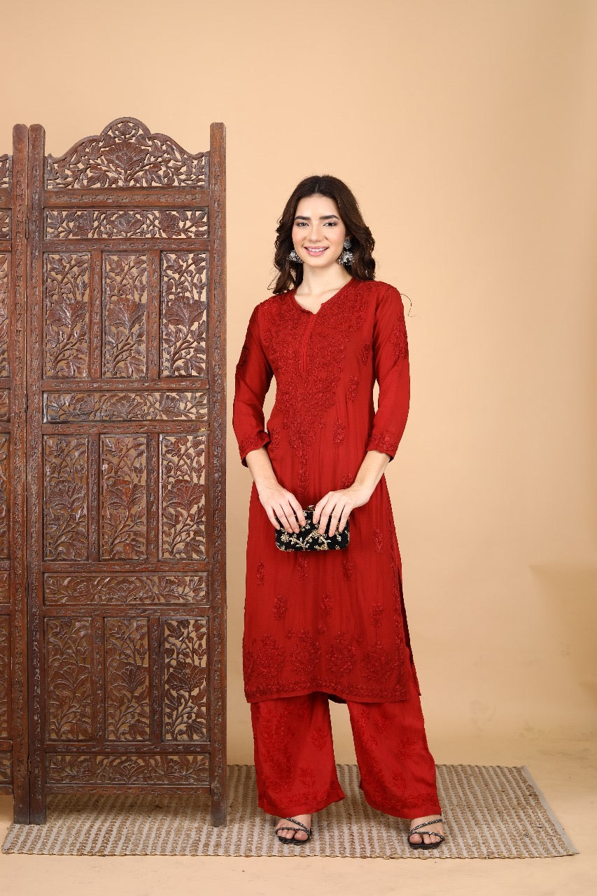 Palak Modal Dyed Premium Chikankari Kurti Set
