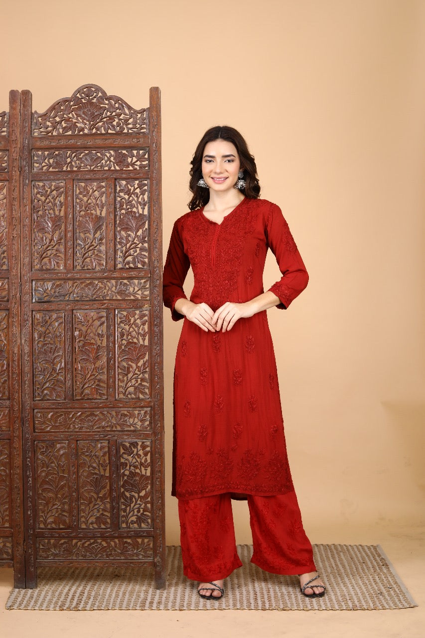 Palak Modal Dyed Premium Chikankari Kurti Set