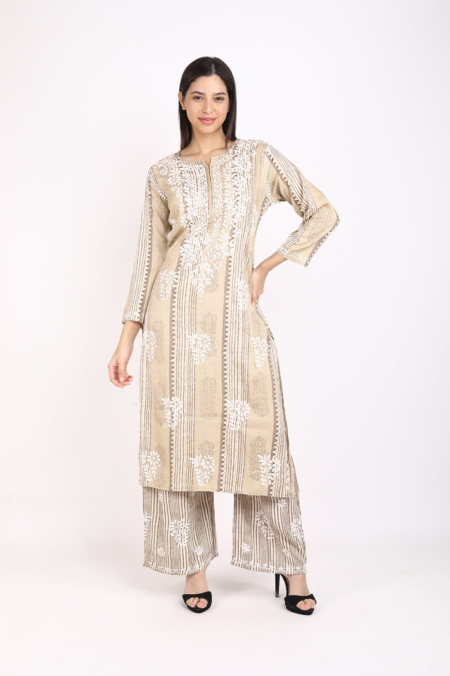 Rahi Slub Cotton Chikankari Co-ord Set Light-Brown Slub Modal Cotton