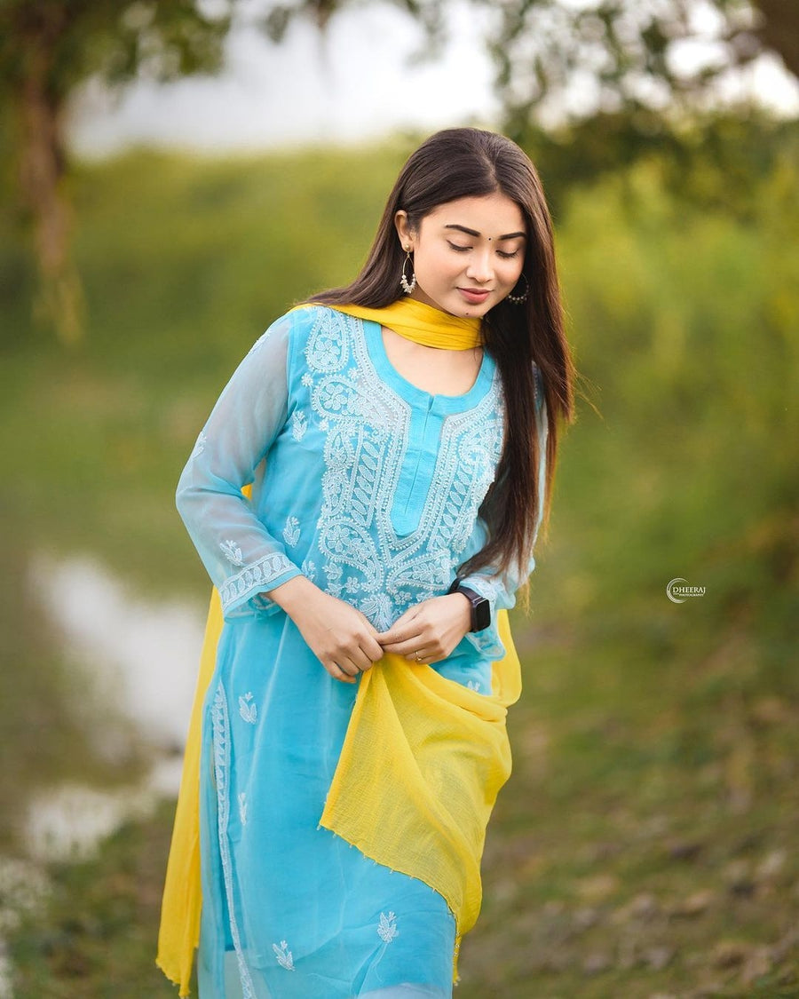 Falak Georgette Straight Kurti Sky-Blue Semi Georgette
