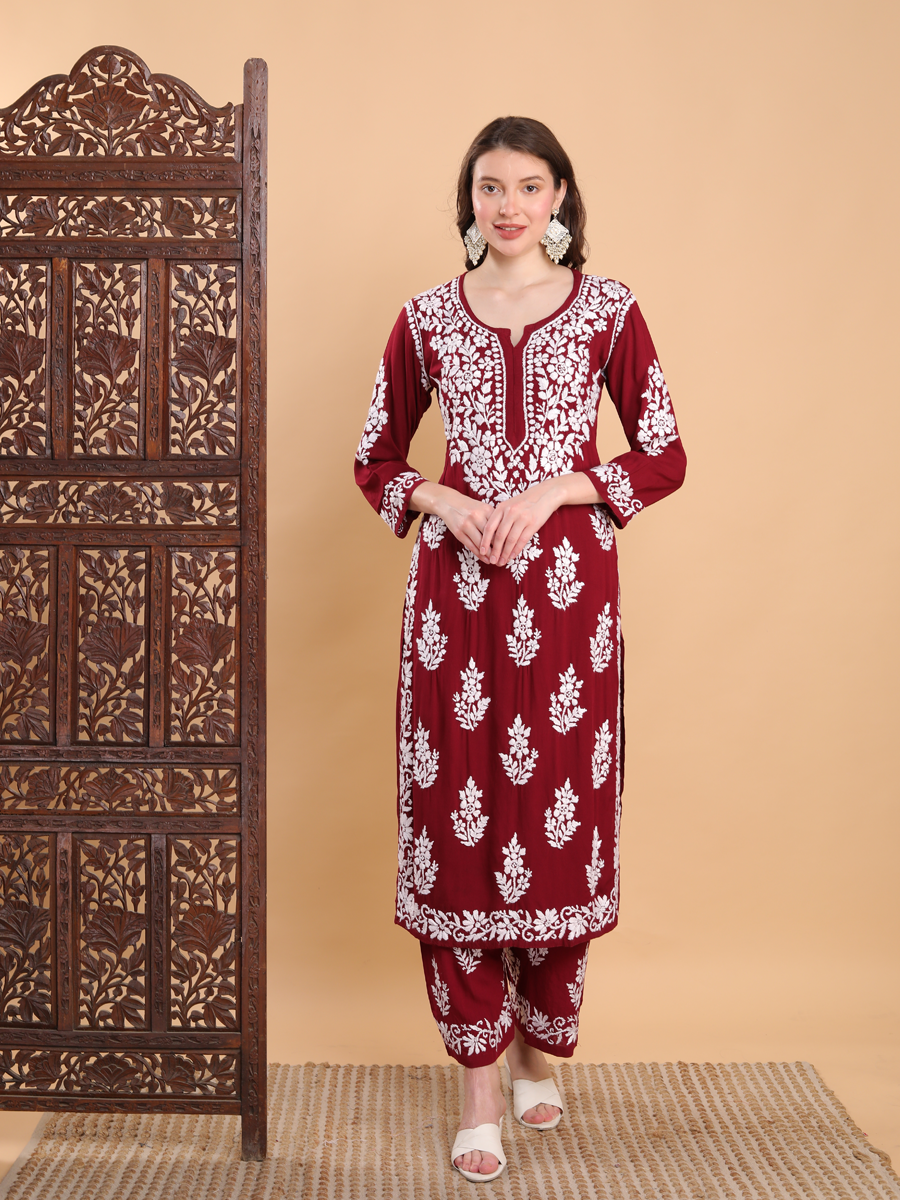 Tarana Premium Chikankari Kurti Pallazo Set Maroon