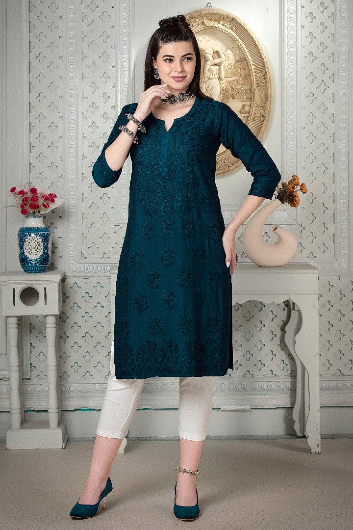 Kyra Chanderi Cotton Chikankari Kurti Zanskar Blue
