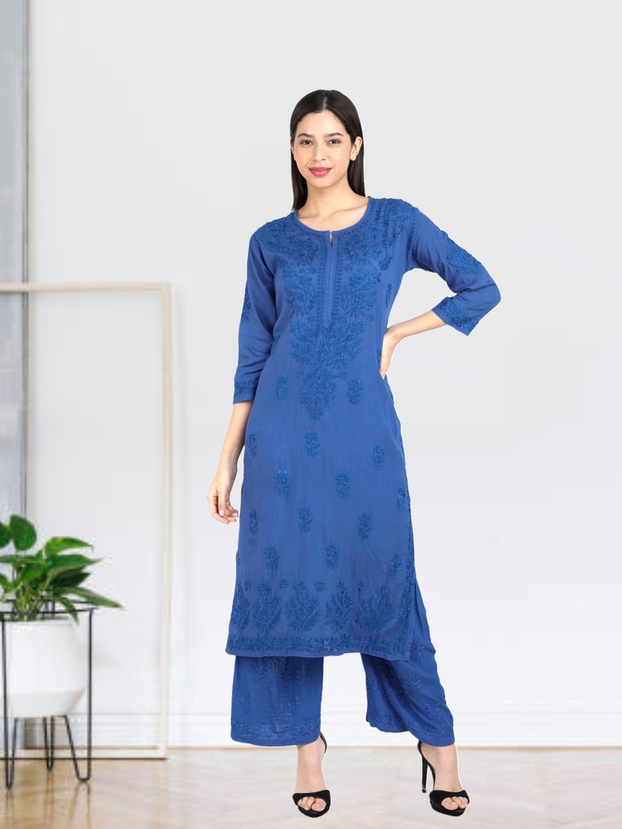 Palak Modal Dyed Premium Chikankari Sets Royal Blue XS