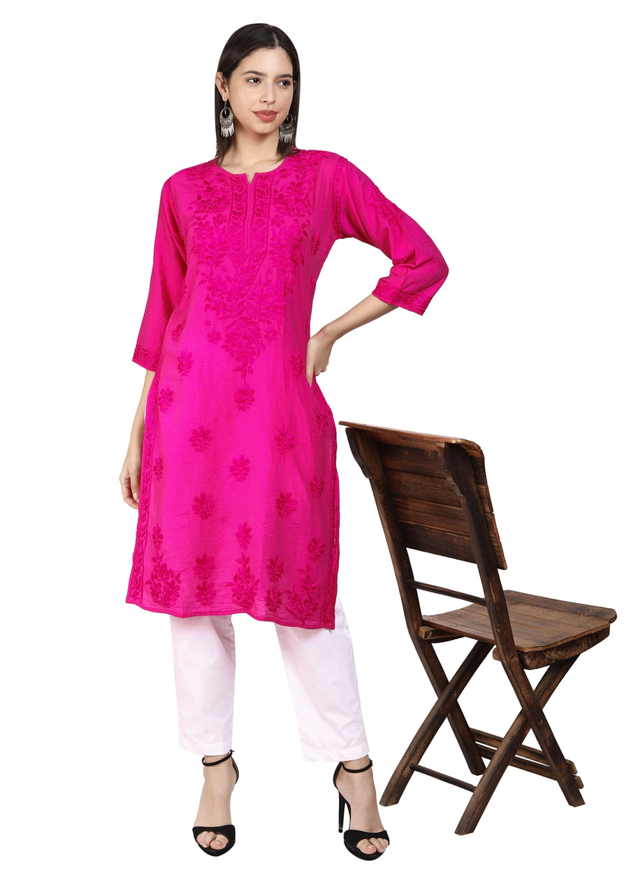 Kyra Chanderi Cotton Chikankari Kurti-The Lucknowi Chikan