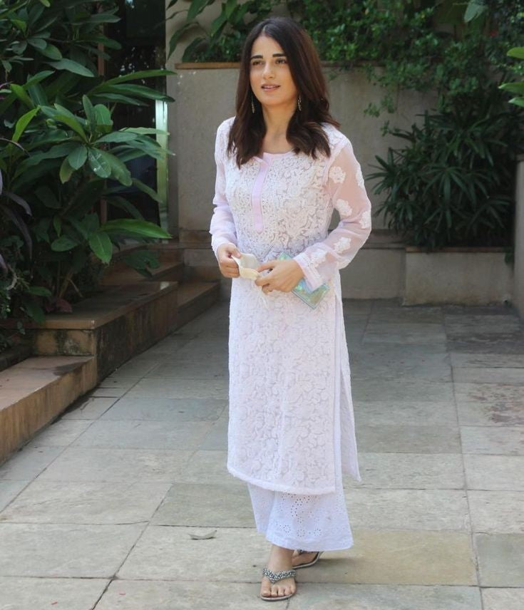 Zara Styled Georgette Chikankari Kurti With White Sharara Baby Pink Semi Georgette