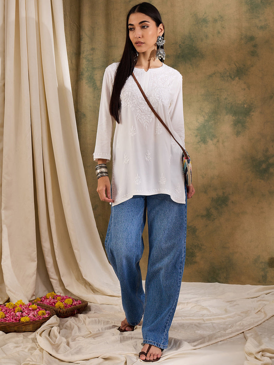 Haniya Premium Chikankari Short Top White Modal