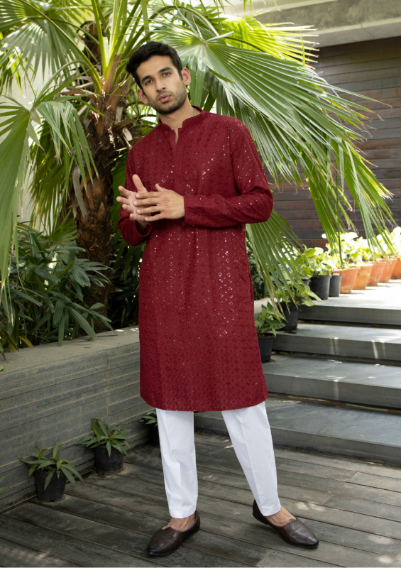 Nawab Mens Hakuba Sequence Chikankari Kurta & Pyjama Set Maroon