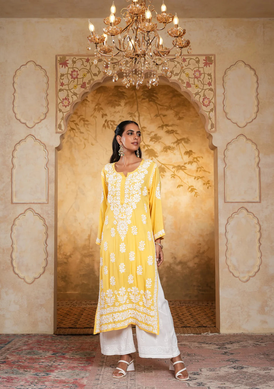 Bela Modal Chikankari Long Kurta Yellow
