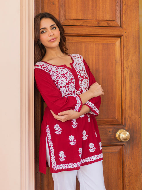 Aabha Premium Modal Chikankari Top Maroon