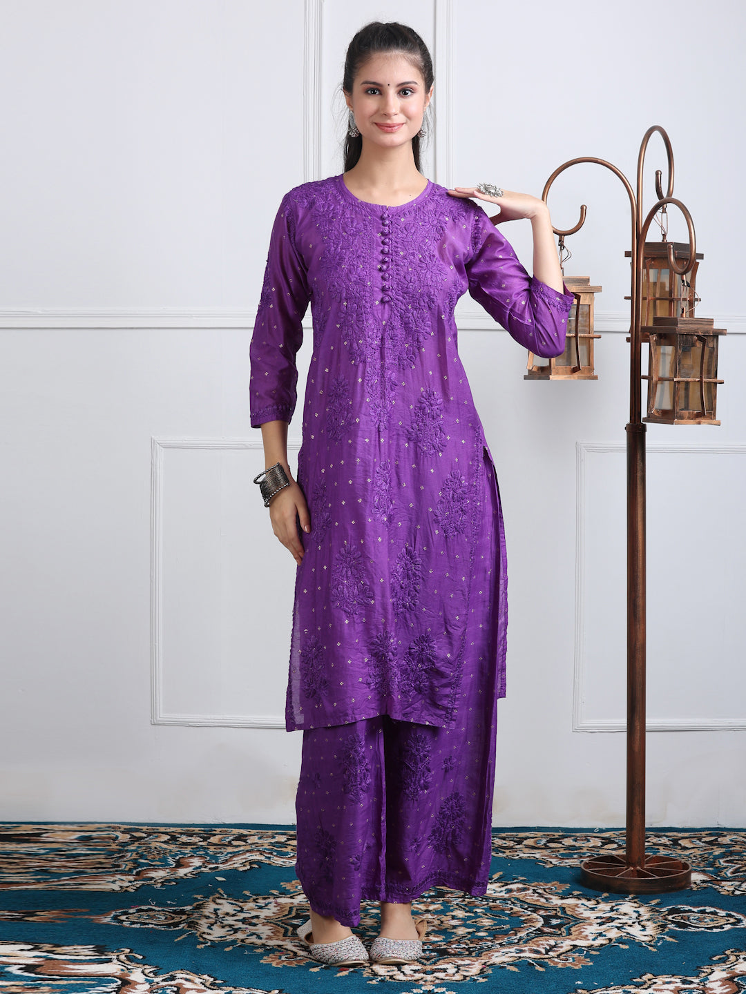 Sona Chanderi Dyed Kurti Set Purple