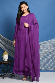 Surmai Premium Chikankari Viscose Mukaish Kurti Set Purple