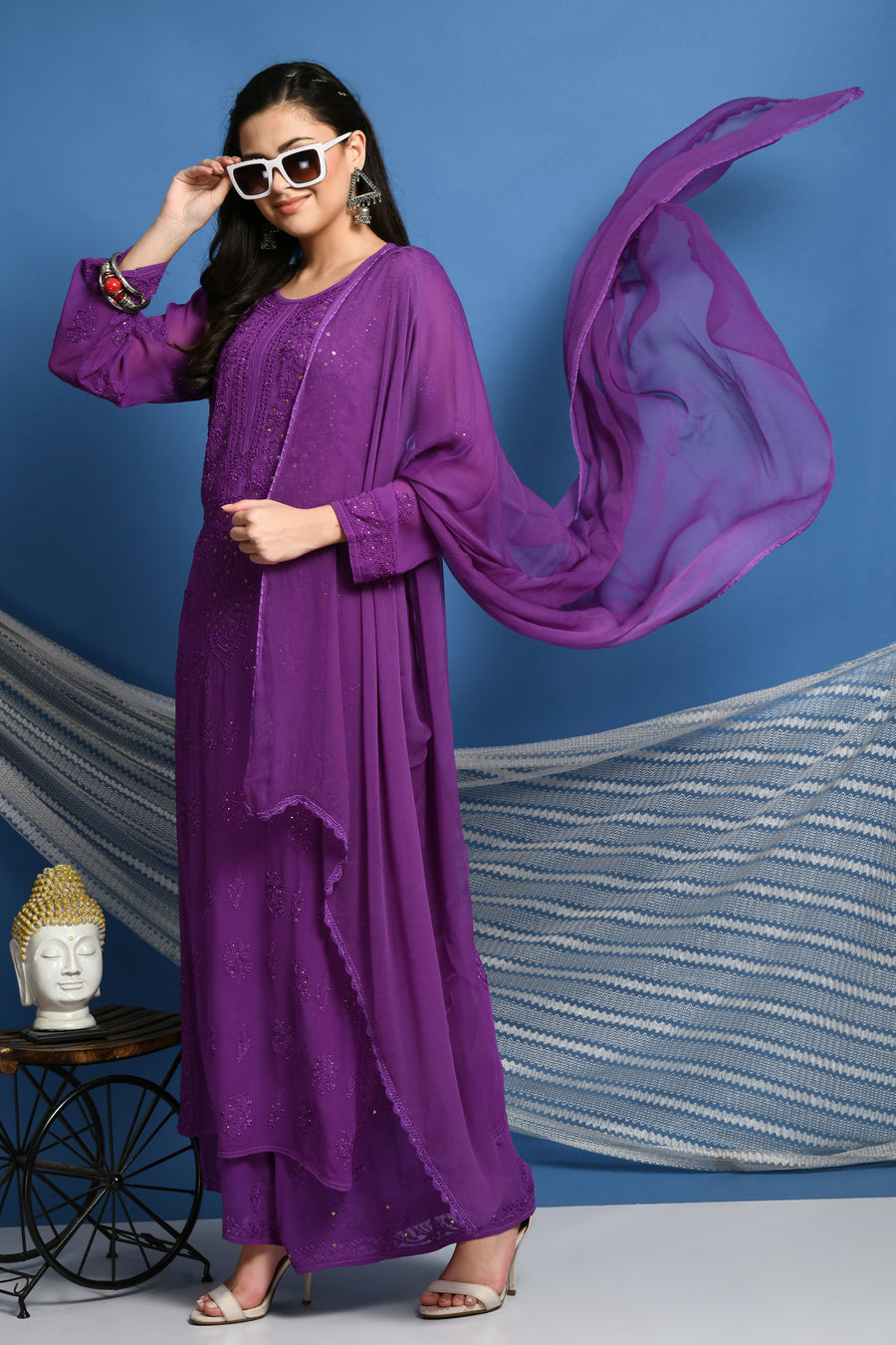 Surmai Premium Chikankari Viscose Mukaish Kurti Set-The Lucknowi Chikan