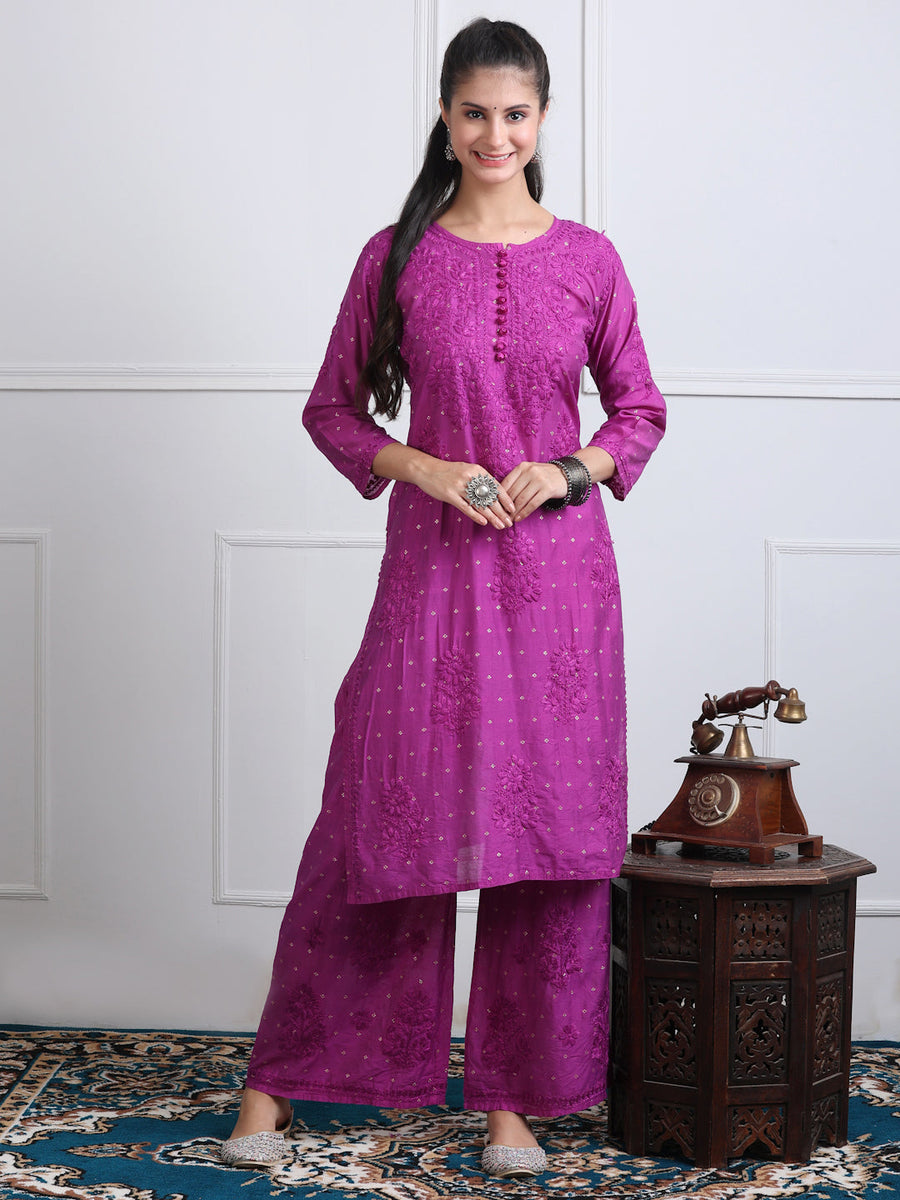 Sona Chanderi Chikan Kurti Set Wine