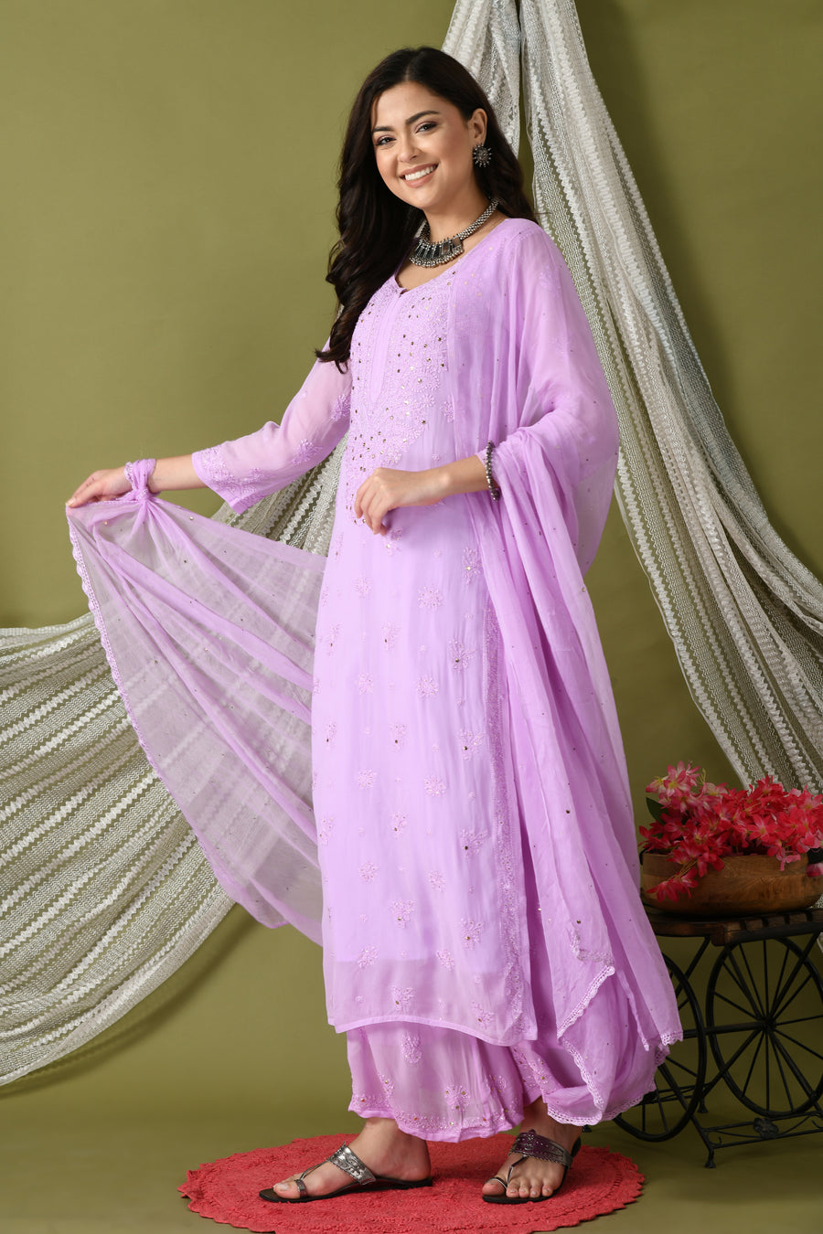 Surmai Premium Chikankari Viscose Mukaish Kurti Set Mauve