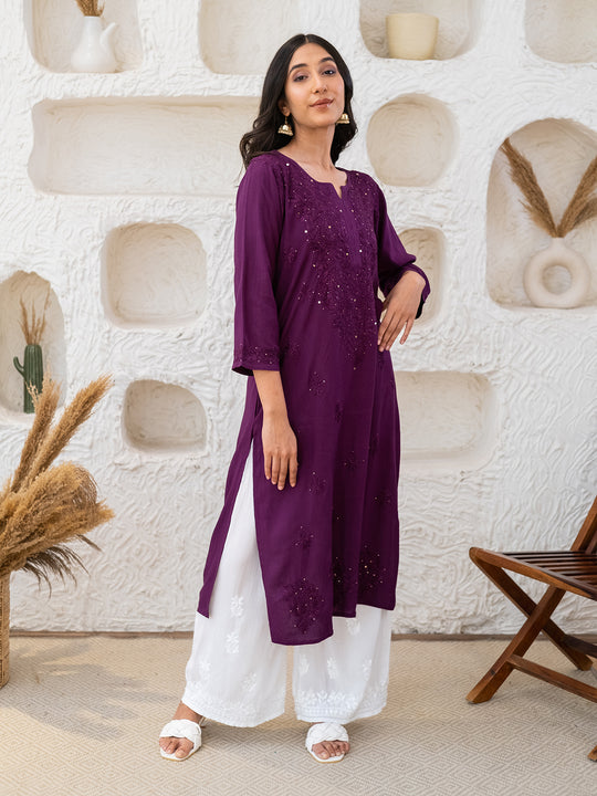 Ulfat Rayon Chikankari & Mukaish Straight Kurti Purple