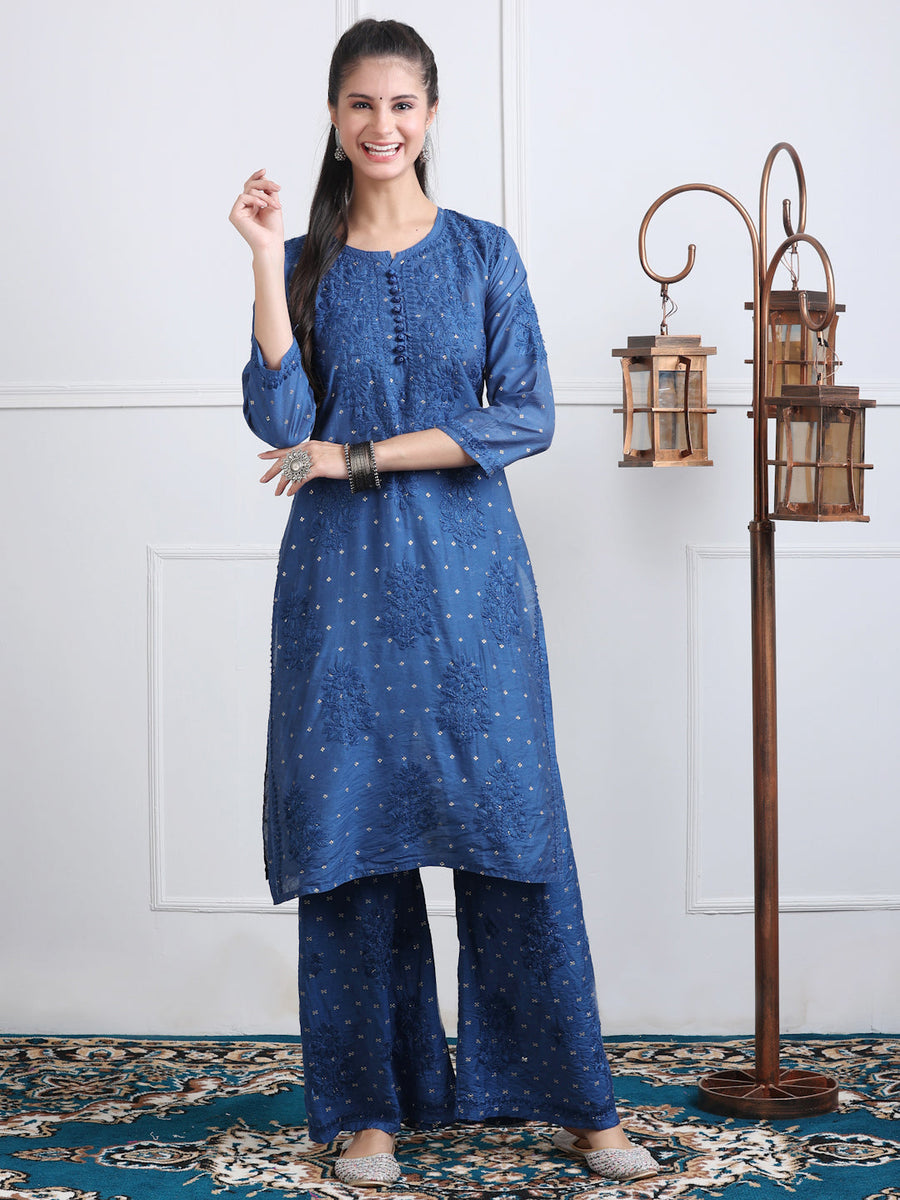Sona Chanderi Chikan Kurti Set Navy Blue