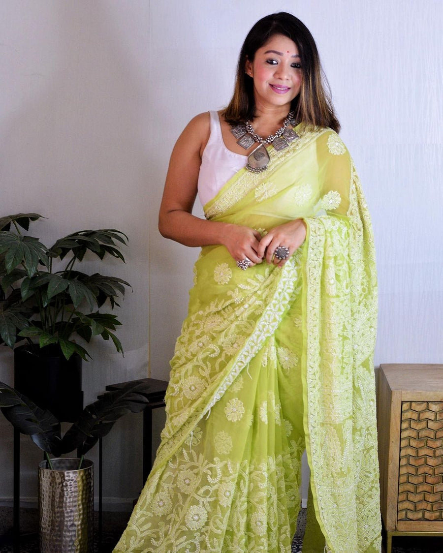 Nazm Half Jaal Chikankari Saree Green 6.5 meter long with blouse