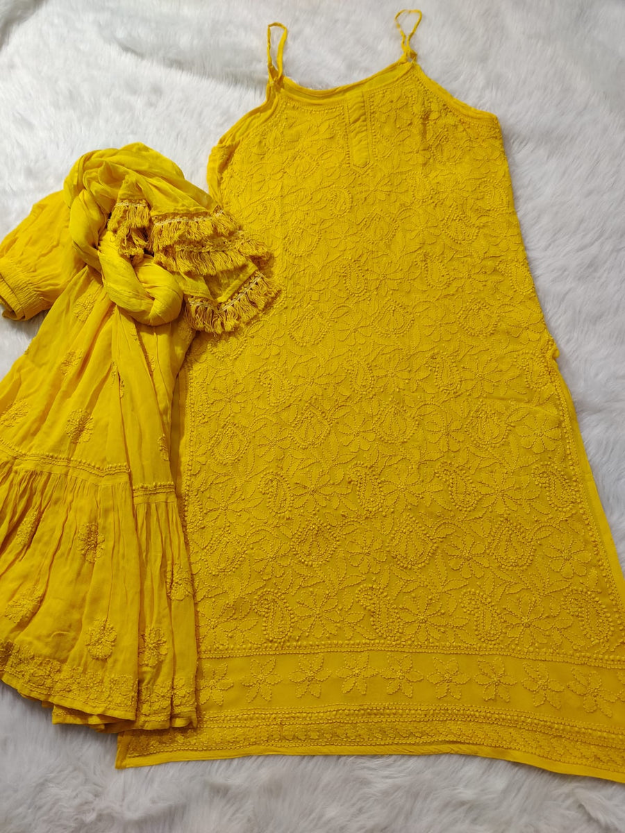 Fiza Yellow Designer Strappy Chikankari Outfit