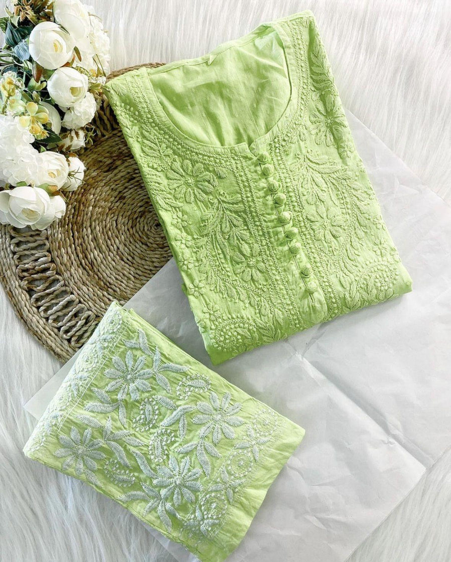 Isha Crochet Dobi Chikankari Co-Ord Set Green Dobby Cotton