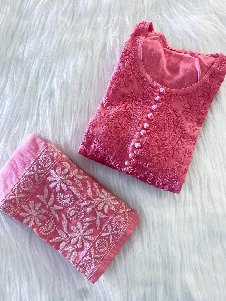 Isha Crochet Dobi Chikankari Co-Ord Set Pink Dobby Cotton
