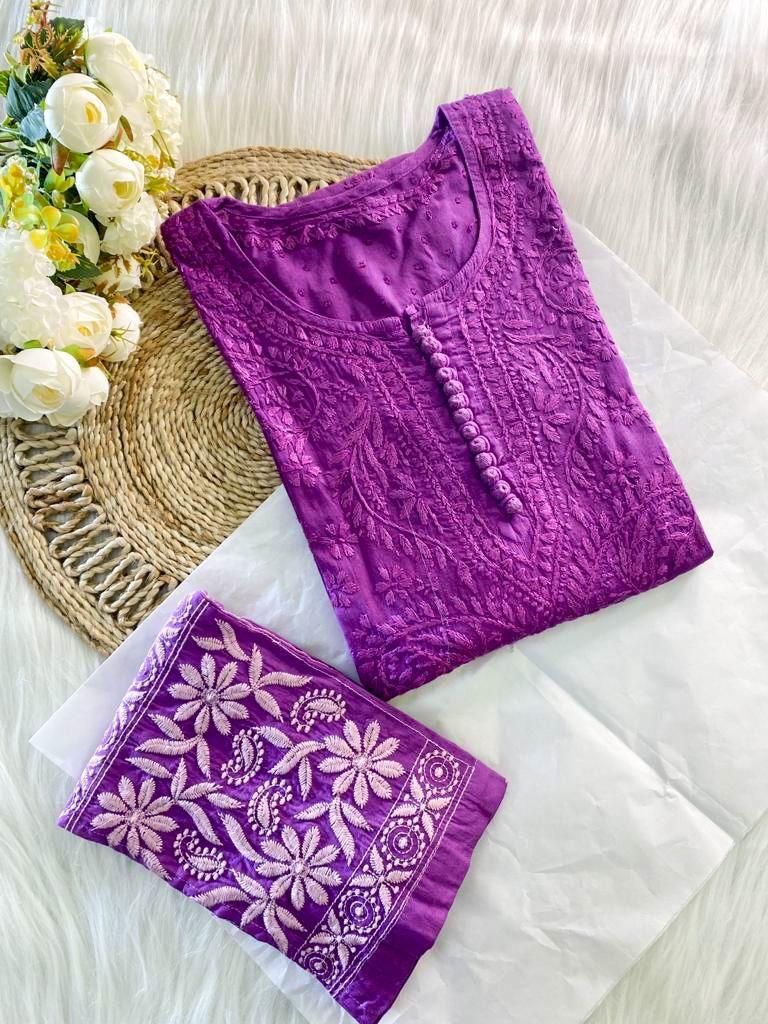 Isha Crochet Dobi Chikankari Co-Ord Set Purple Dobby Cotton