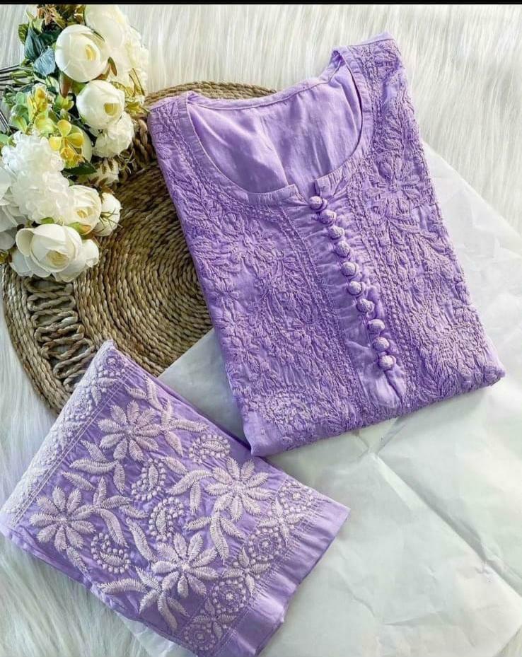 Isha Crochet Dobi Chikankari Co-Ord Set Lavender Dobby Cotton