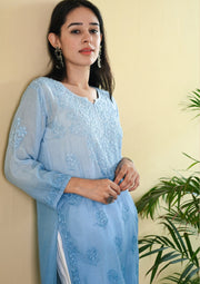 Johra Muslin Ombre Dyed Chikankari Short Kurti Sky Blue Muslin