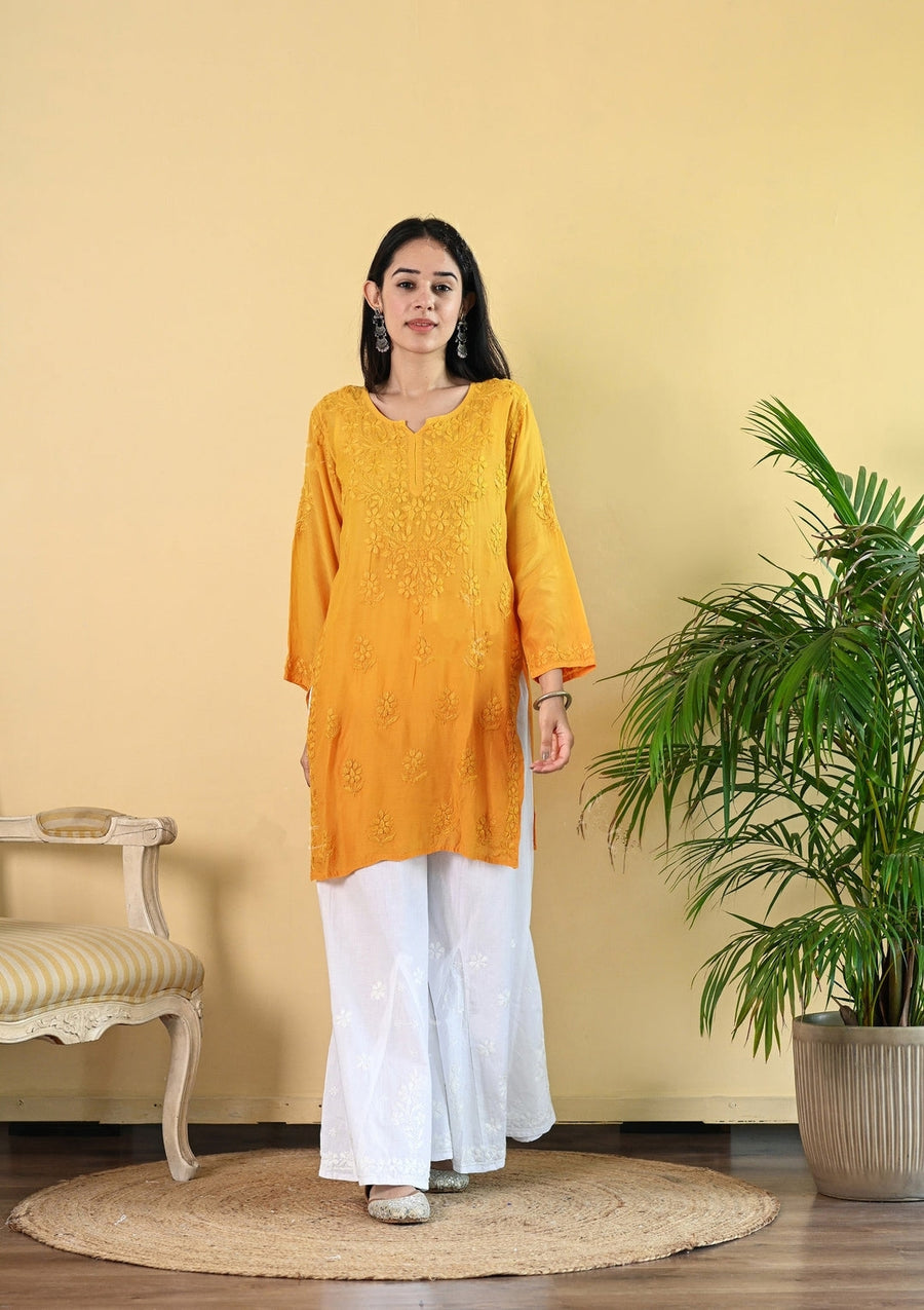 Johra Muslin Ombre Dyed Chikankari Short Kurti Sunflower Yellow Muslin