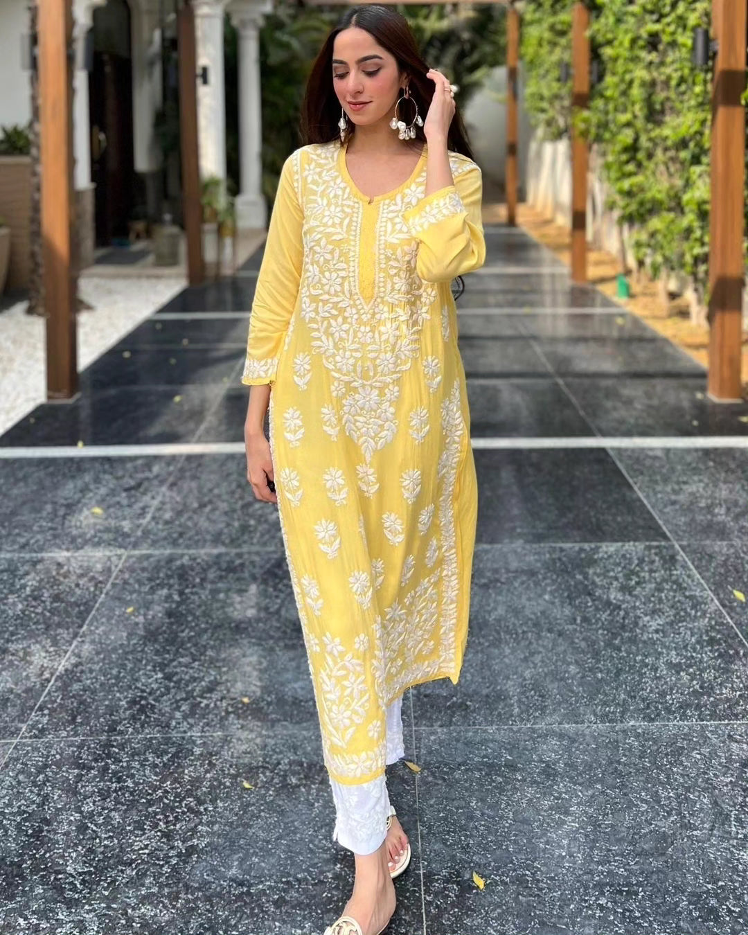 Saba Daman Bel Modal Chikankari Long Kurta Yellow Modal cotton