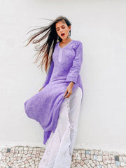 Mira Viscose Mukaish Long Chikankari Kurti Lilac