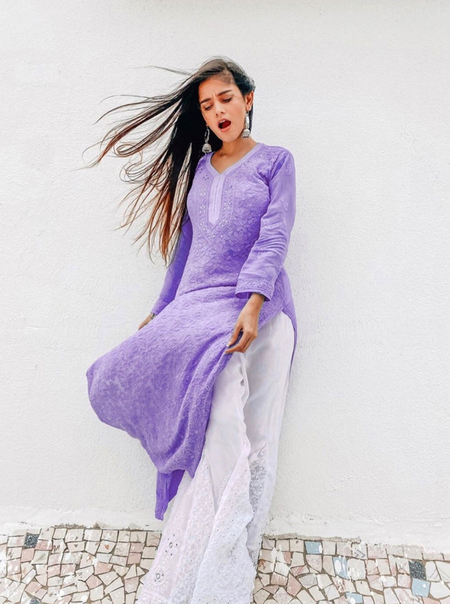 Mira Viscose Mukaish Long Chikankari Kurti Lilac