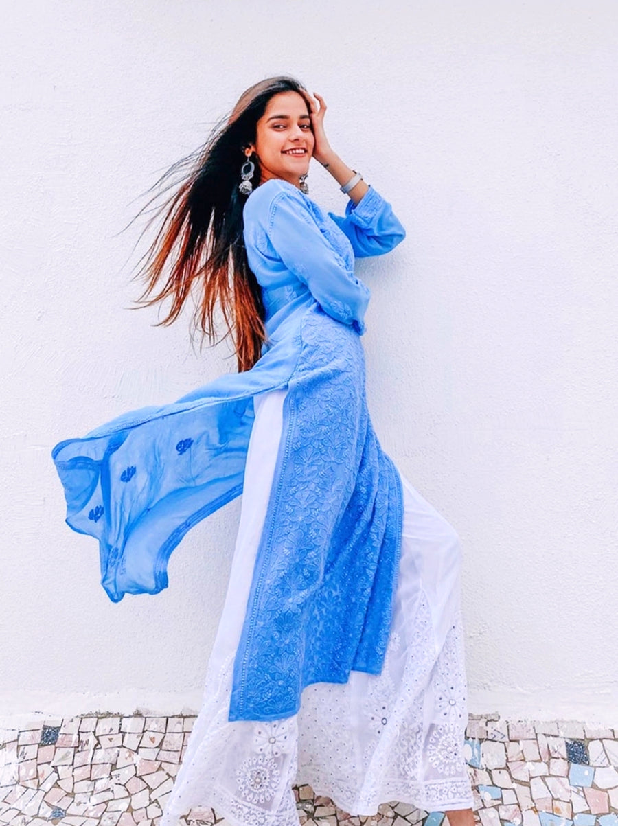 Mira Viscose Mukaish Long Chikankari Kurti Jordy Blue