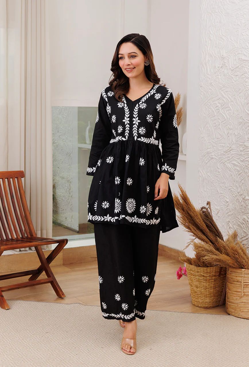 Buy Festival Wear Cream Chikan Work Pure Cotton Kurti With Palazzo Online  From Surat Wholesale Shop.