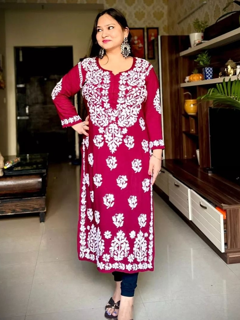 Mausam Modal Chikankari Straight Kurti Maroon