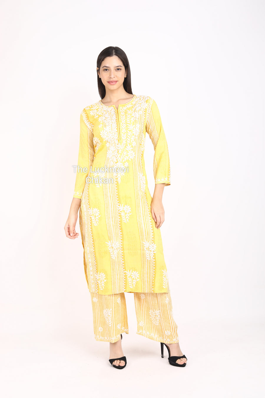 Rahi Slub Cotton Chikankari Co-ord Set Yellow M Slub Modal Cotton