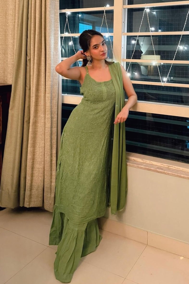Anushka Styled Premium Strappy Chikankari Outfit Set-The Lucknowi Chikan