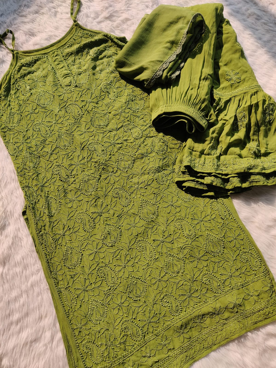Fennil Styled Strappy Viscose Set Olive Green Viscos Georgette