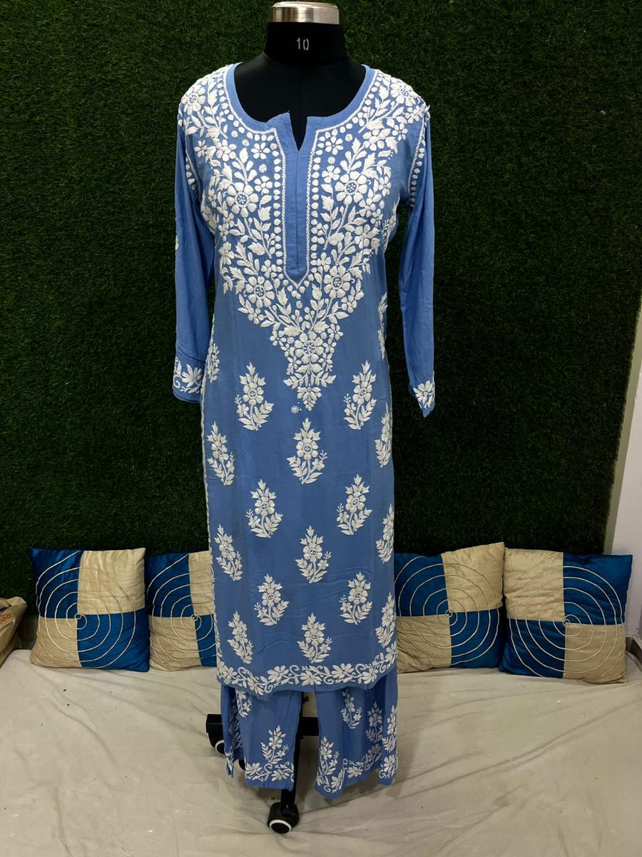 Tarana Premium Chikankari Kurti Pallazo Set Jordy Blue