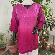 Vibha Ombre Chikankari Short Top Hot Pink Rayon Cotton
