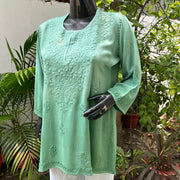 Vibha Ombre Chikankari Short Top Teal Green Rayon Cotton