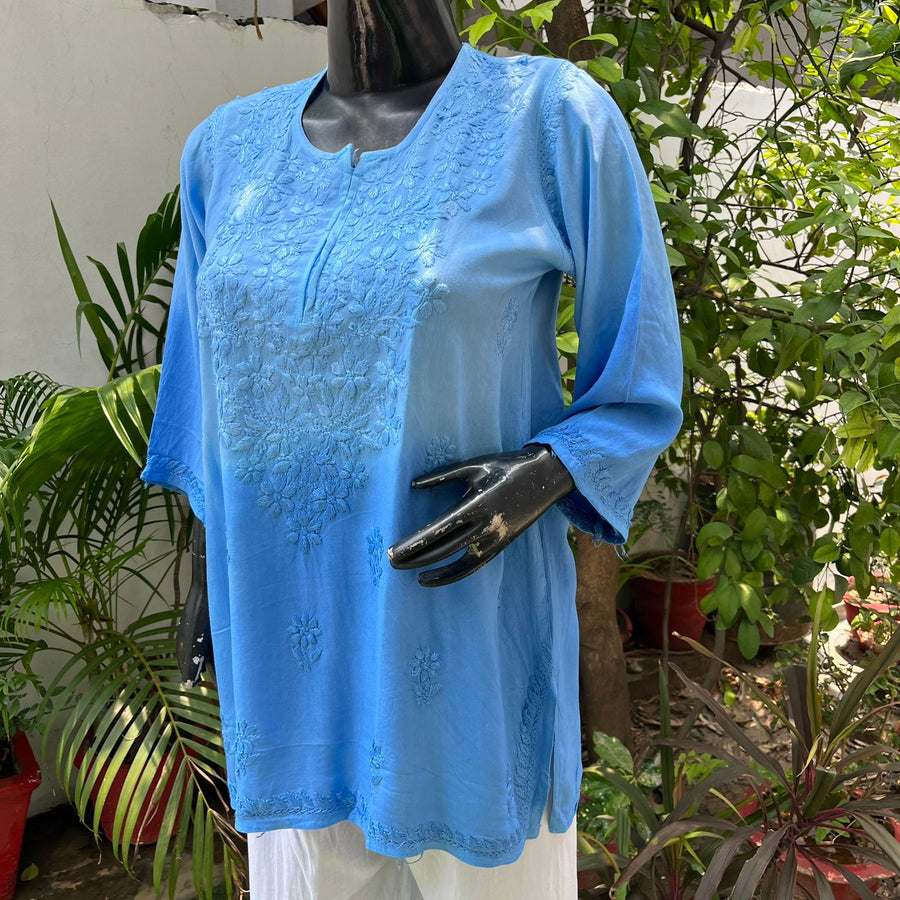 Vibha Ombre Chikankari Short Top Jordy Blue Rayon Cotton