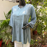 Vibha Ombre Chikankari Short Top Grey Rayon Cotton