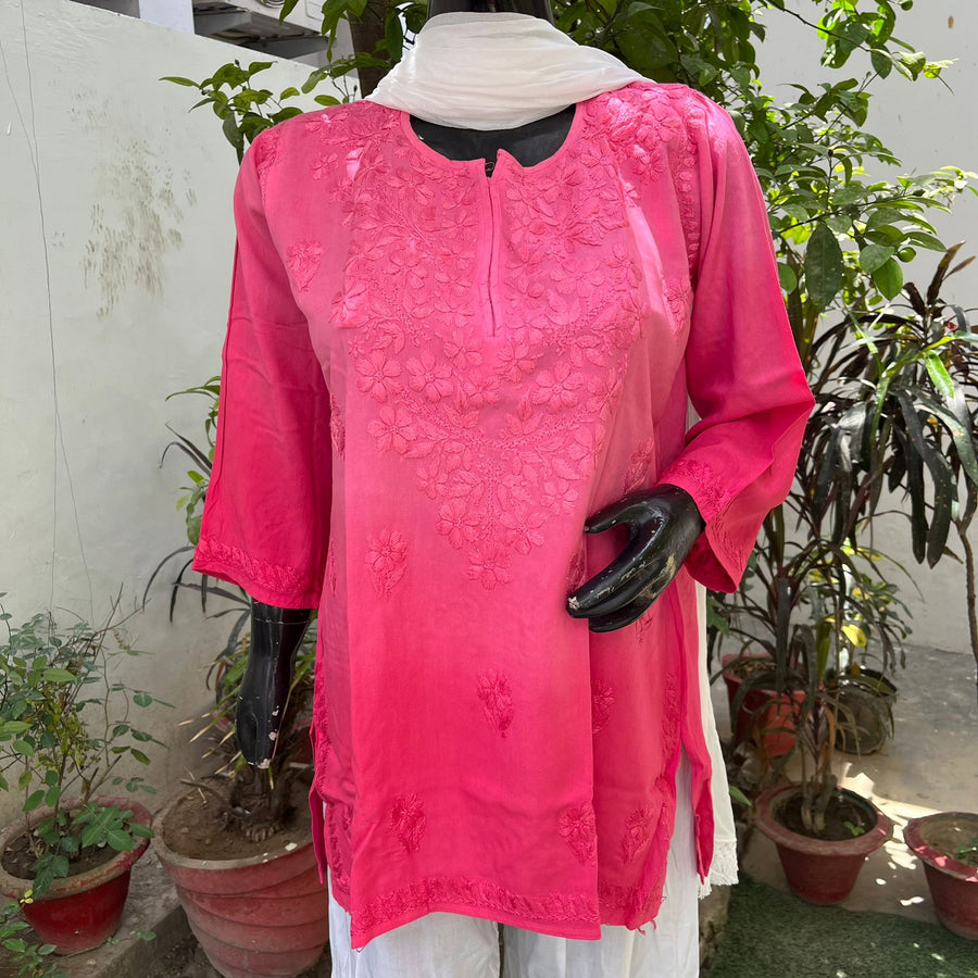 Vibha Ombre Chikankari Short Top Lotus Pink Rayon Cotton