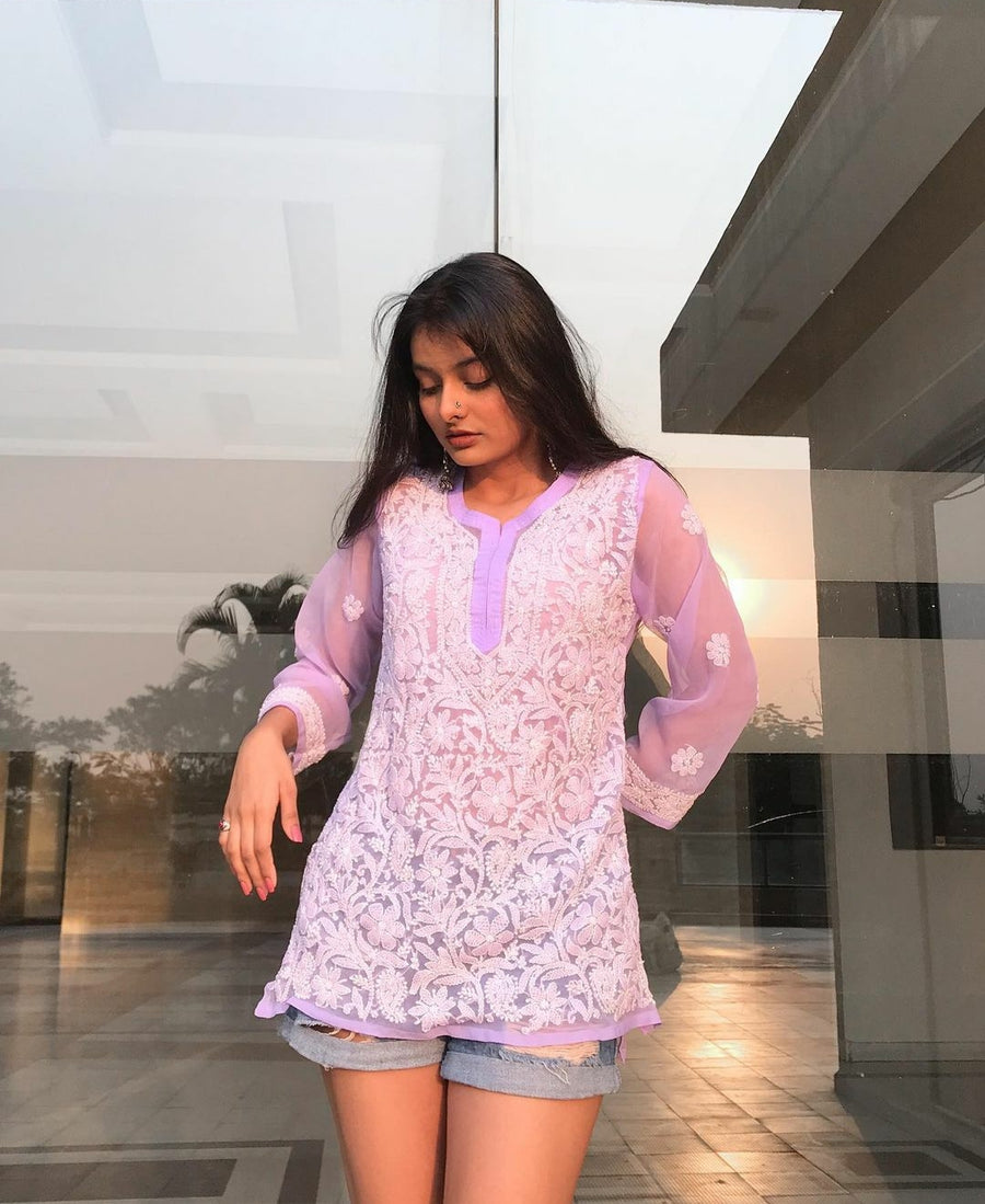 Anushka Styled Chikankari Short Top Lavender