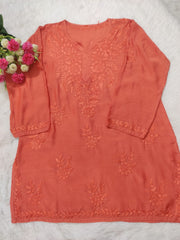 Tripti Muslin Premium Chikankari Short Kurti Brick Red
