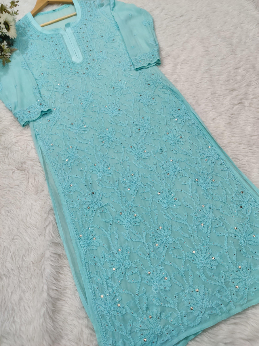 Mira Viscose Mukaish Long Chikankari Kurti Sky Blue 2XL