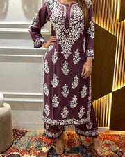 Tarana Premium Chikankari Kurti Pallazo Set Plum