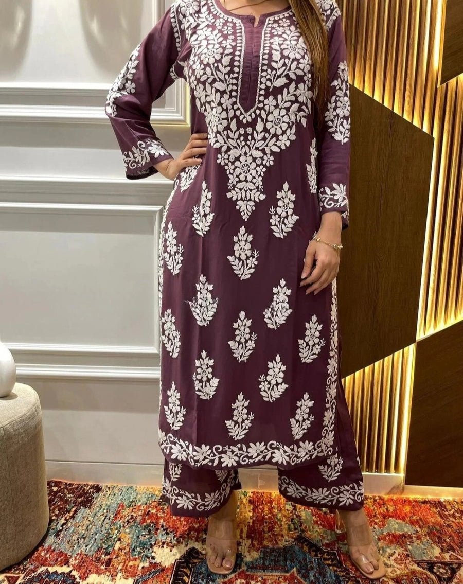 Tarana Premium Chikankari Kurti Pallazo Set Plum