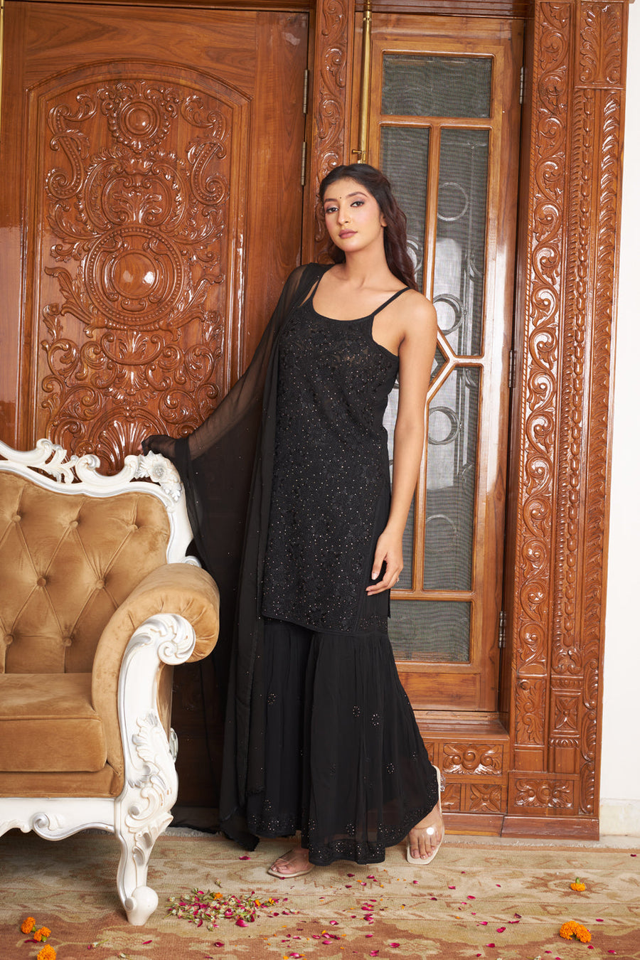 Fiza Designer Mukaish Chikankari Noodle Gharara Set