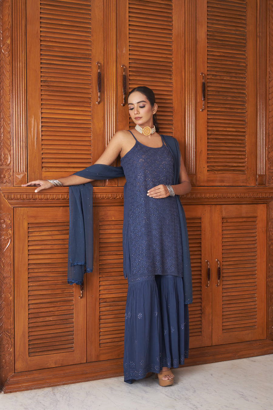 Fiza Designer Mukaish Chikankari Noodle Gharara Set